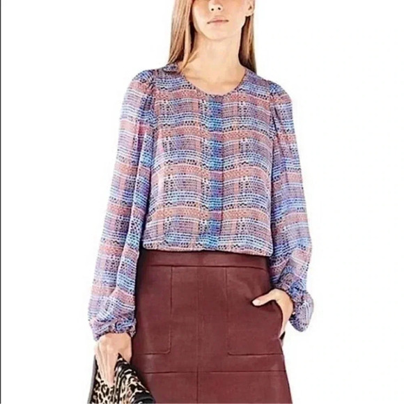 BCBGMAXAZRIA Plaid Puff Long Sleeve Semi Sheer Sofiya Blouse Size XS - Picture 1 of 4
